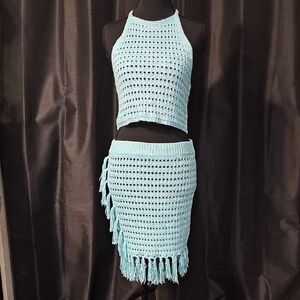 Crochet Halter Top and Skirt Set - Light Teal